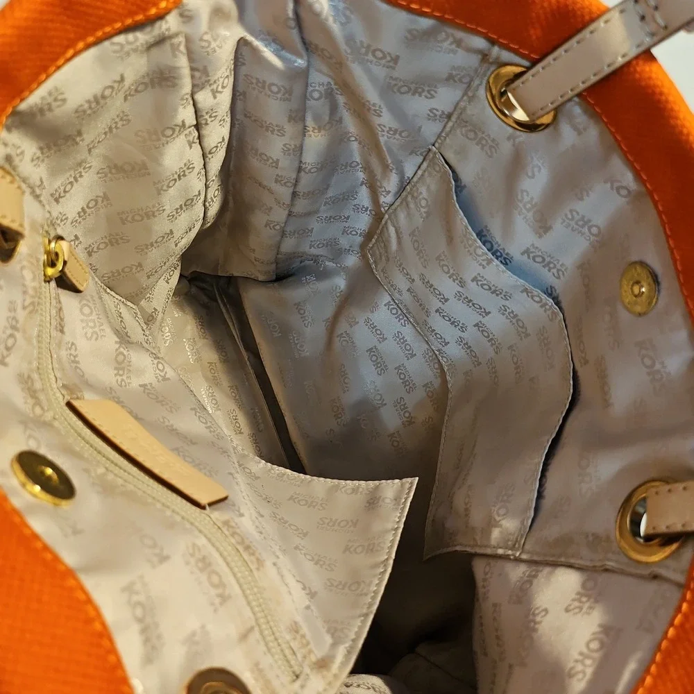 Michael Kors Large Orange Canvas Tote Beige Leather Handles